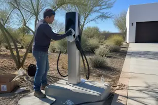 Technician cleaning a pedestal-mounted EV charging station on a concrete pad in Phoenix, AZ.
