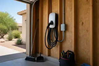Coiled charging cable and conduit on timber garage studs with desert landscaping visible in Phoenix, AZ.