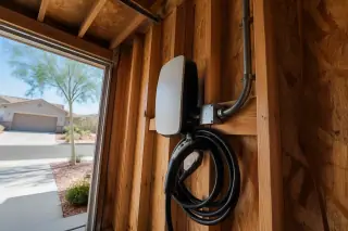 EV charger mounted on exposed timber garage studs with a view of a xeriscaped yard in Phoenix, AZ.