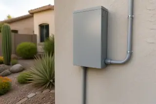 Closed electrical panel with conduit routing in a Phoenix, AZ garage with desert landscaping in the background.