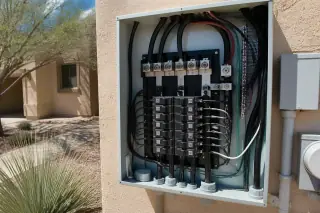 Open electrical breaker panel with new wiring for EV charging in a residential garage in Phoenix, AZ.