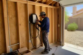 Technician adjusting cable ties on a wall-mounted EV charger in a timber frame garage in Phoenix, AZ.