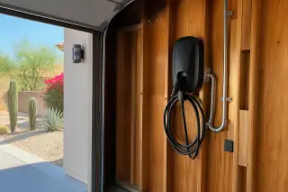 Wall-mounted EV charger wired with conduit on exposed timber studs in a Phoenix, AZ garage.