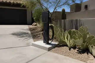 Standalone pedestal EV charger on a concrete pad surrounded by desert landscaping in a Phoenix, AZ driveway.