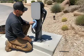 Technician wiping a charging cable on a pedestal-mounted EV station in a Phoenix, AZ driveway with desert landscaping.