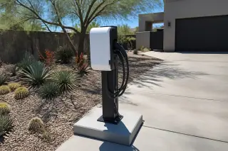 Pedestal-mounted EV charger with weather-tight conduit on a concrete pad in Phoenix, AZ.