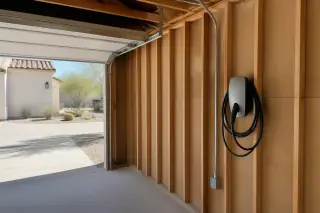 EV charger installed on exposed timber studs in a garage with a view of desert landscaping in Phoenix, AZ.