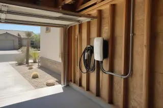 Electric vehicle charger with wall-mounted conduit and cable clips inside a garage in Phoenix, AZ.