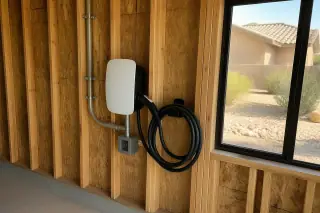 EV charger installed on exposed timber wall studs inside a residential garage in Phoenix, AZ.