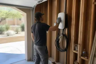 Technician cleaning a wall-mounted Level 2 EV charger inside a residential garage in Phoenix, AZ.