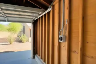 NEMA 14-50 outlet with conduit installed on exposed timber garage studs in Phoenix, AZ.