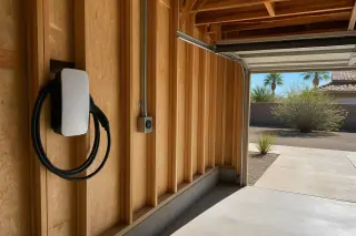 NEMA 14-50 outlet and conduit installed on exposed timber studs in a Phoenix, AZ garage.