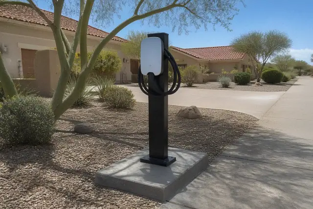 Electric vehicle charging station on a concrete pad at a residential driveway in Phoenix, AZ.