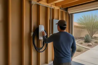 Technician wiping down a Tesla Wall Connector on exposed timber studs in a Phoenix, AZ garage.