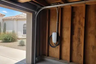 Tesla Wall Connector installed on exposed timber studs inside a residential garage in Phoenix, AZ.