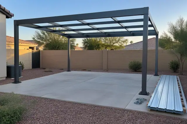 Metal carport skeleton erected on a concrete slab in Gilbert, AZ.