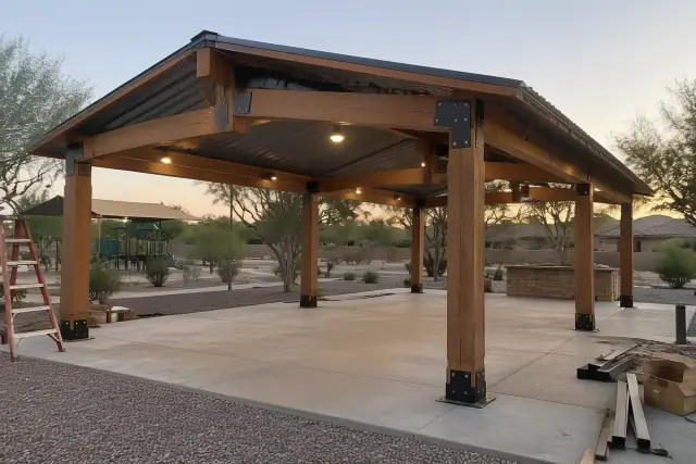 Metal ramada with integrated lighting at a public park jobsite in Gilbert, AZ.