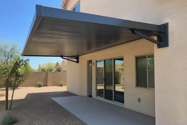 Aluminum cantilever pergola over decomposed granite at a home in Gilbert, AZ.