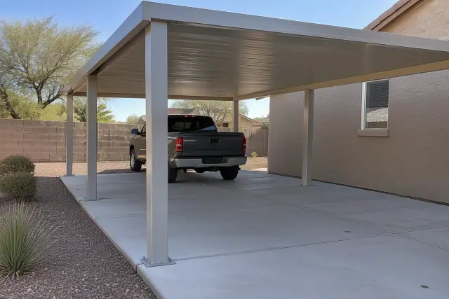 Aluminum carport installed on a concrete pad with anchor bolts in Gilbert, AZ.