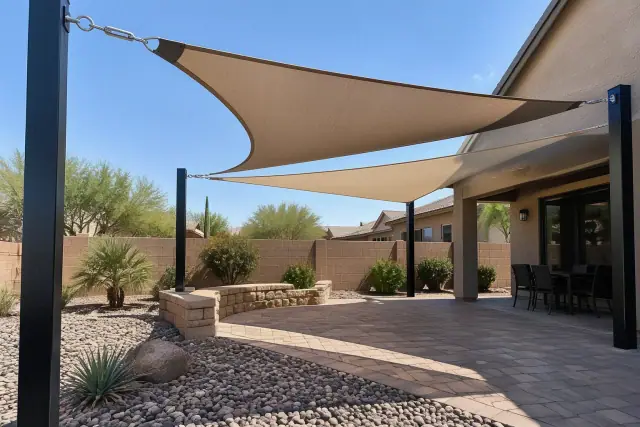 Backyard shade sails installed over river rock at a home in Gilbert, AZ.
