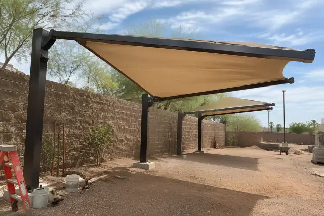 Cantilever and commercial shade installation at a jobsite in Gilbert, AZ.