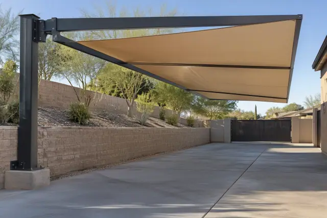 Offset steel frame and fabric canopy for metal awning installation at a residential property in Gilbert, AZ.