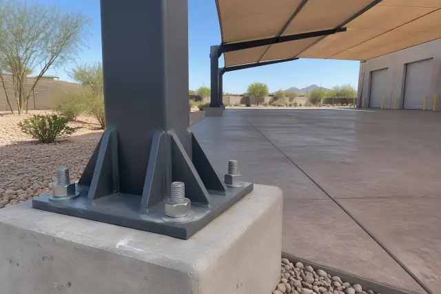 Heavy steel column base plate and anchor bolts on a concrete footing in Gilbert, AZ.