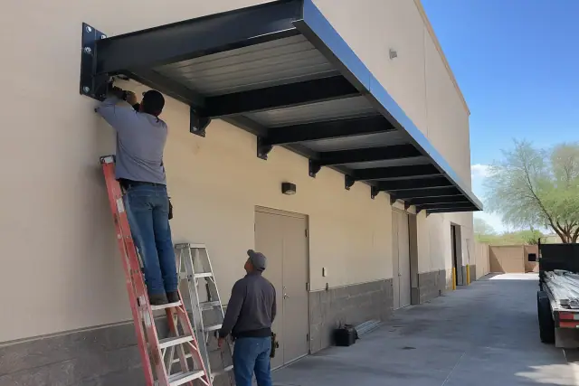 Cantilever shade installation with steel brackets on a stucco wall in Gilbert, AZ.
