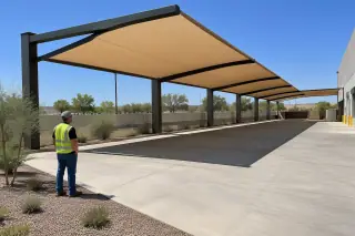 Worker observing a completed offset steel frame fabric canopy over a concrete loading zone in Gilbert, AZ.