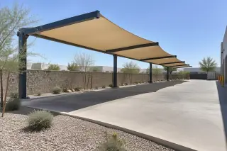 Offset steel frame fabric cantilever shade structure over a concrete loading zone in Gilbert, AZ.