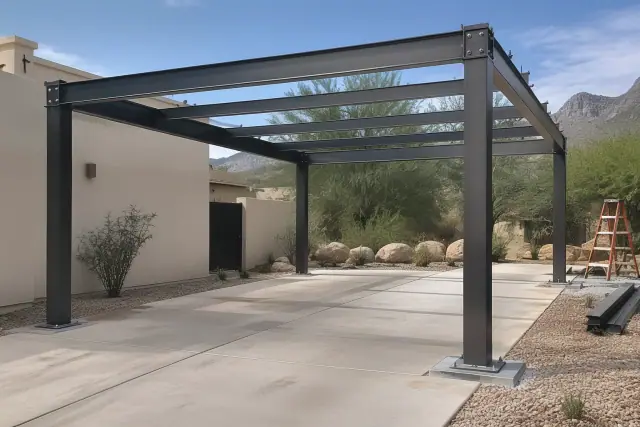 Carport metal frame installation in a Paradise Valley, AZ parking area.