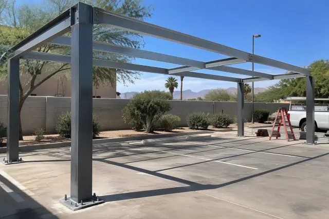Carport metal framing installation at a jobsite in Phoenix, AZ.