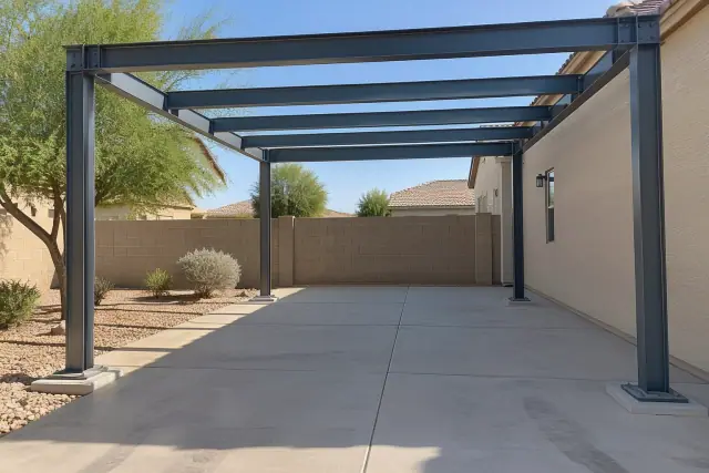 Metal carport structural skeleton and steel columns installed over a parking slab in Gilbert, AZ.