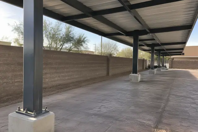 Carport installation with bolted steel columns on a concrete patio in Gilbert, AZ.