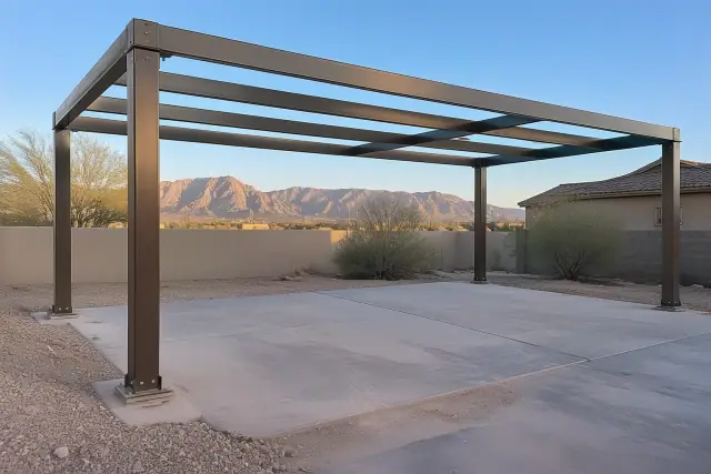 Metal carport skeleton installed over a paved parking space in Apache Junction, AZ.