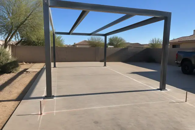 Freestanding metal carport frame on a concrete parking slab with lot lines in Gilbert, AZ.