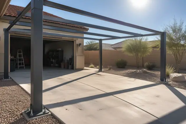 Steel carport posts bolted to a concrete slab for a pergola installation at a Gilbert, AZ home.