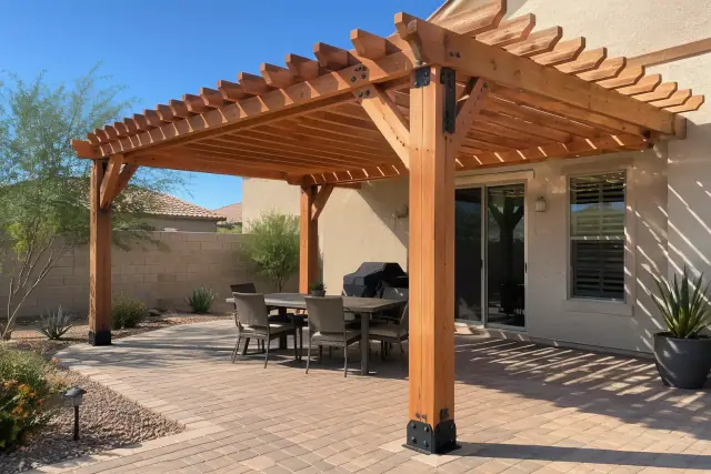 Cedar and redwood pergolas over a paver patio in a Gilbert, AZ backyard.