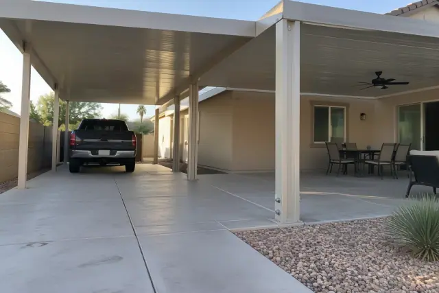 Combined carport and patio cover installation at a residential driveway in Gilbert, AZ.
