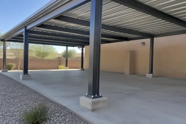 Commercial carport installation in Gilbert, AZ, showing steel columns and overhead purlins.