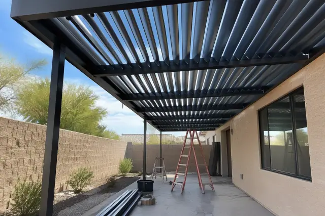 Commercial louvered roof installation against a stucco wall in Gilbert, AZ.
