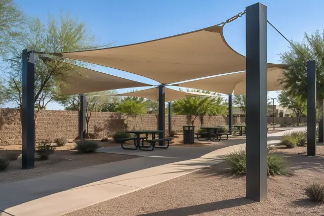 Commercial shade structure installed over an outdoor seating pavilion in Tempe, AZ.