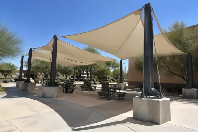 Commercial shade structure over an outdoor seating pavilion in Phoenix, AZ.