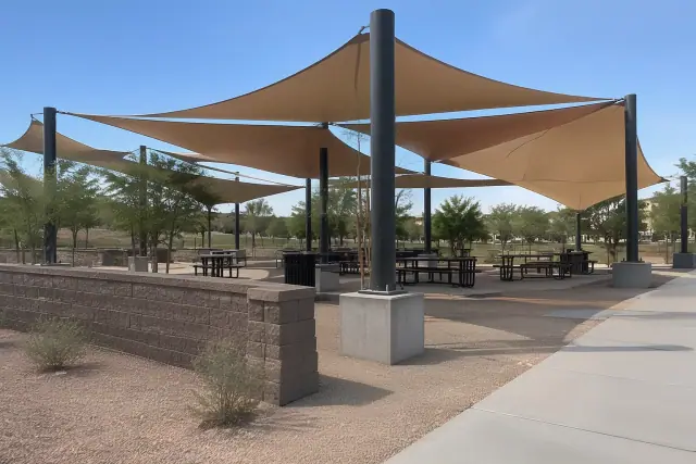 Commercial shade structure installed over an outdoor seating pavilion in Queen Creek, AZ.