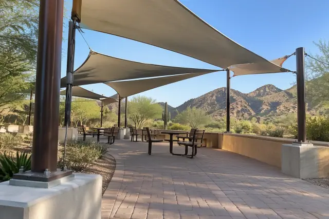 Commercial shade structures installed over an outdoor seating pavilion in Paradise Valley, AZ.