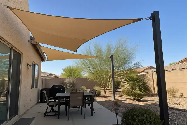 Shade sails installed over a residential patio in Gilbert, AZ, attached to a stucco wall.