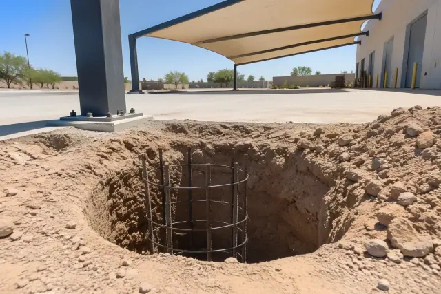 Excavated concrete footing for a shade structure post with exposed rebar in Gilbert, AZ.