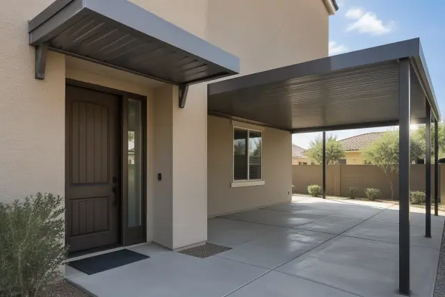 Fixed metal patio and entrance covers installed above a doorway on a stucco home in Gilbert, AZ.