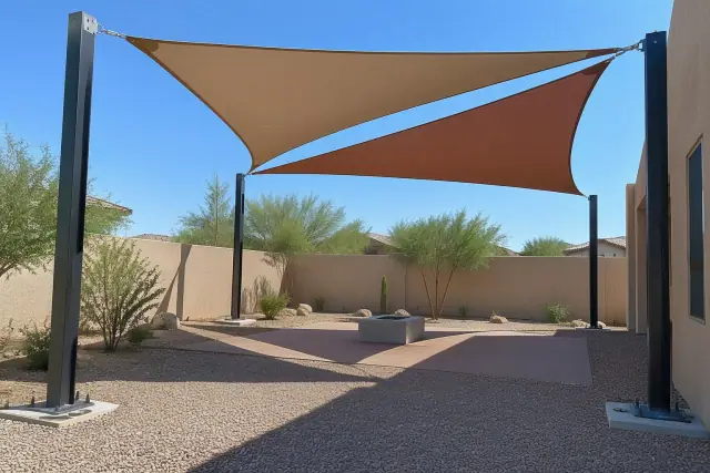 Four-point shade sail with engineered posts over a courtyard in Gilbert, AZ.
