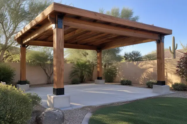 Freestanding backyard ramada with timber framing in Gilbert, AZ.